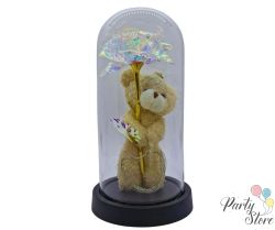 Мече с роза под стъклен купол – светещ подарък с послание