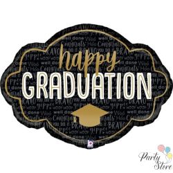 Голям луксозен фолиев балон „Happy Graduation“ (Черно и златно) – 36" (91 см)