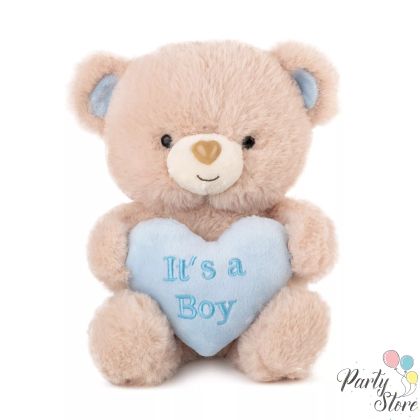 Плюшено мече с синьо сърце „It’s a Boy“ – подарък за новородено момченце, 21 см
