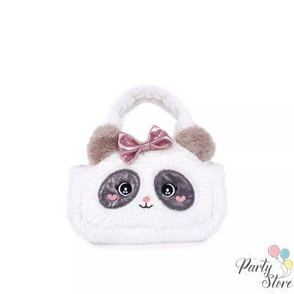 Плюшена чанта Панда с панделка – бяла, 22×17 см | Подарък за момиченце