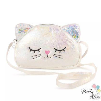 Блестяща детска чанта Коте – бяла, 19 см | Подарък за момиченце