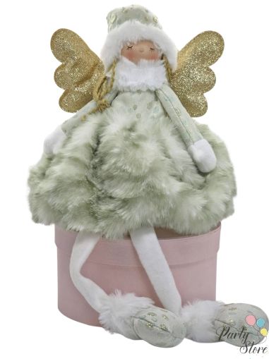 Коледна кукла „Ангел в ментово-зелено“ с пухена рокля и златни крила – 42 см