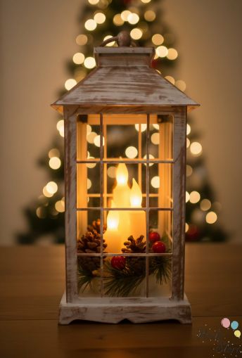 Декоративен светещ фенер с LED свещи и зимна аранжировка – 30 см