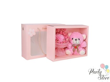 Плюшено мече с букет в кутия Teddy , 17х22х7.5см, Pink