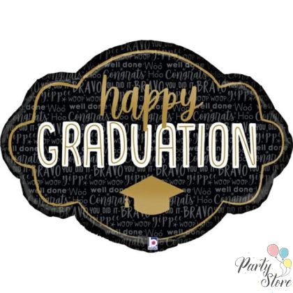 Голям луксозен фолиев балон „Happy Graduation“ (Черно и златно) – 36" (91 см)