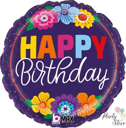 Фолиев балон "Happy Birthday" с цветя – 18” / 46 см