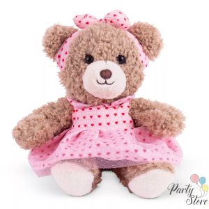 Плюшено мече с розова рокля и панделка – подарък за момиченце, 33 см