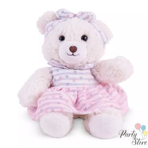 Бяло плюшено мече с розова рокля и панделка – подарък за момиченце, 33 см