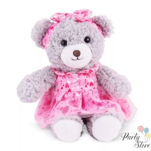 Сиво плюшено мече с розова рокля и панделка – подарък за момиченце, 33 см