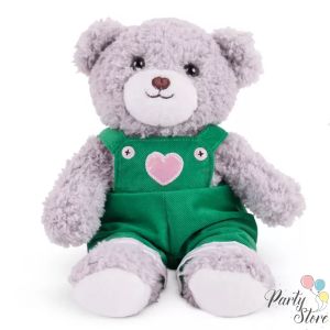 Сиво плюшено мече със зелен гащеризон и сърце – подарък за дете, 33 см