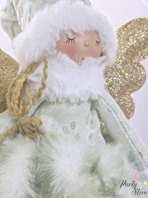 Коледна кукла „Ангел в ментово-зелено“ с пухена рокля и златни крила – 42 см