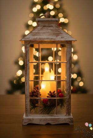 Декоративен светещ фенер с LED свещи и зимна аранжировка – 30 см