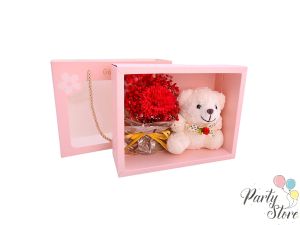 Плюшено мече с букет в кутия Teddy , 17х22х7.5см, Red