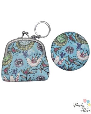 Подаръчен Комплект „Птици“ – Синьо Портмоне и Огледалце