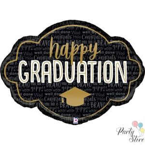 Голям луксозен фолиев балон „Happy Graduation“ (Черно и златно) – 36" (91 см)